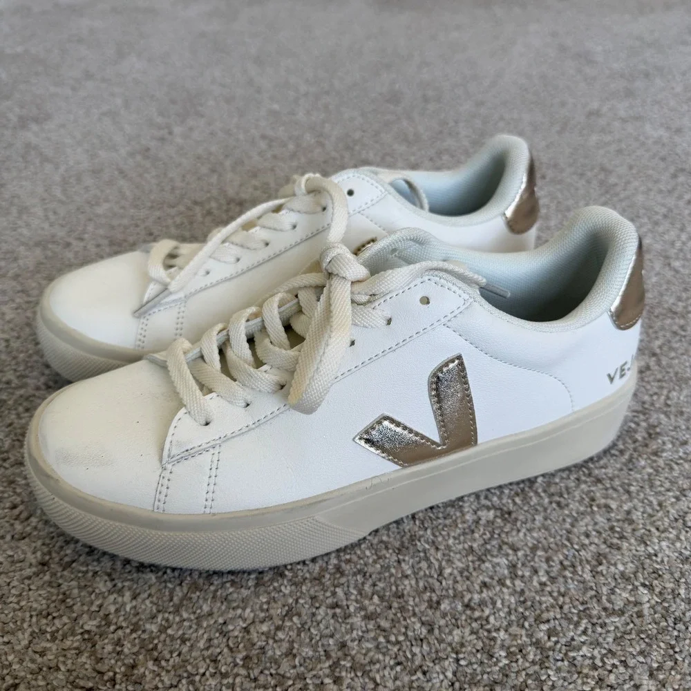 Veja Campo Leather Low Top Lace Up Sneakers EU39 Extra White/Platine Worn Once! - Picture 4 of 12